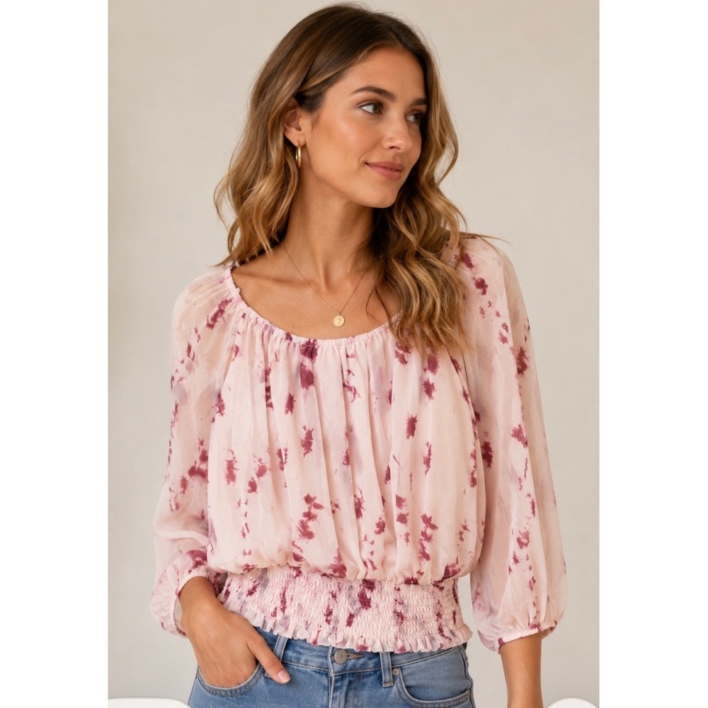 Colleen Lopez Pink Tie Dye Chiffon Peasant Blouse Smocked Waist Top Medium